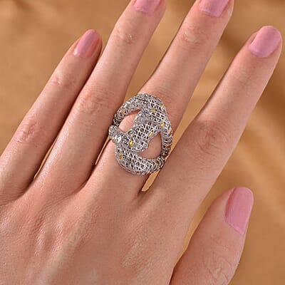 14K Yellow Gold Over and Rhodium Over Sterling Silver Heart Shaped Ring (Size 10.0) 4.25 Grams