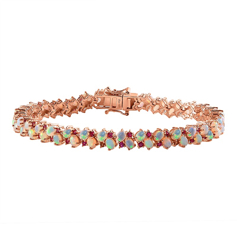 Ethiopian Welo Opal and Orissa Rhodolite Garnet Bracelet in Vermeil Rose Gold Over Sterling Silver (8.00 In) 10.75 ctw