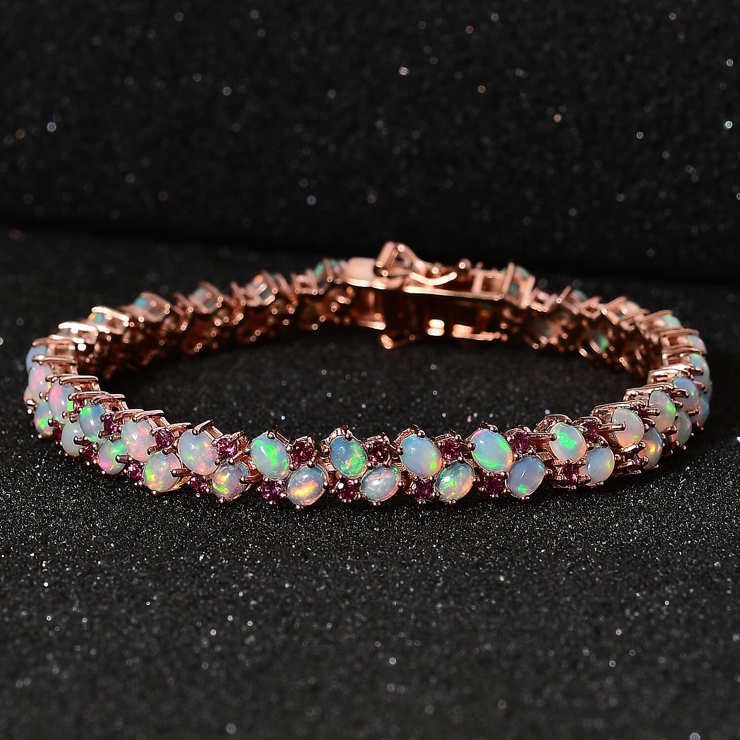 Ethiopian Welo Opal and Orissa Rhodolite Garnet Bracelet in Vermeil Rose Gold Over Sterling Silver (8.00 In) 10.75 ctw
