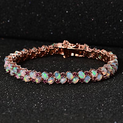 Ethiopian Welo Opal and Orissa Rhodolite Garnet Bracelet in Vermeil Rose Gold Over Sterling Silver (8.00 In) 10.75 ctw