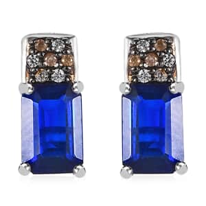 Tanzanian Blue Spinel (DF), White and Champagne Zircon Earrings in Platinum Over Sterling Silver 1.40 ctw
