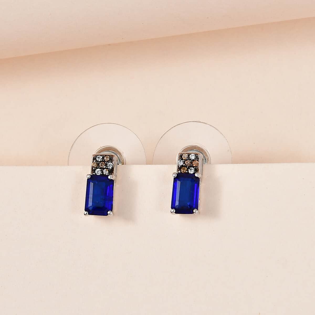 Tanzanian Blue Spinel (DF), White and Champagne Zircon Earrings in Platinum Over Sterling Silver 1.40 ctw image number 1