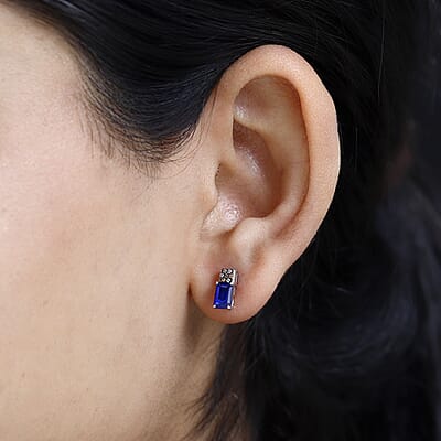 Tanzanian Blue Spinel (DF), White and Champagne Zircon Earrings in Platinum Over Sterling Silver 1.40 ctw