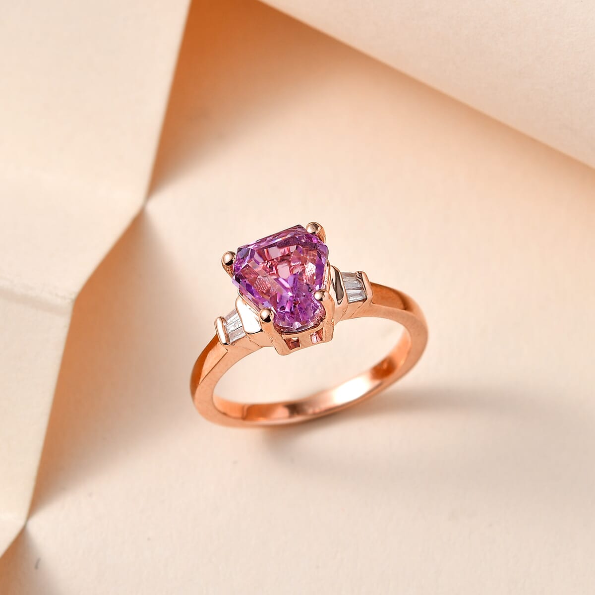 AAA Patroke Kunzite and Diamond Ring in Vermeil Rose Gold Over Sterling Silver (Size 7.0) 3.15 ctw image number 1