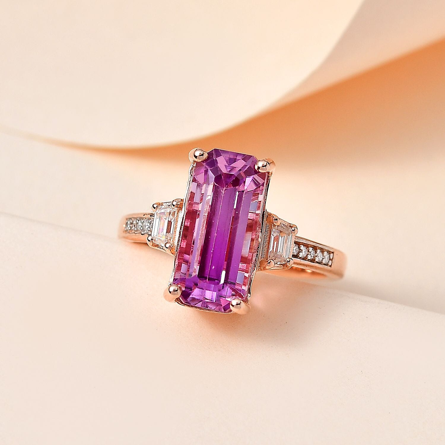AAA Patroke Kunzite and Moissanite 6.85 ctw Ring in Vermeil Rose Gold Over Sterling Silver (Size 7.0)