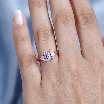 D'Joy AAA Patroke Kunzite and White Zircon 3 Stone Ring in Vermeil Rose Gold Over Sterling Silver (Size 7.0) 3.25 ctw