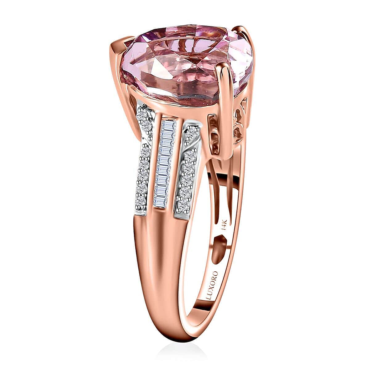 Luxoro 14K Rose Gold AAA Patroke Kunzite and I2 Diamond Ring (Size 10.0) 4.60 Grams 5.60 ctw image number 3