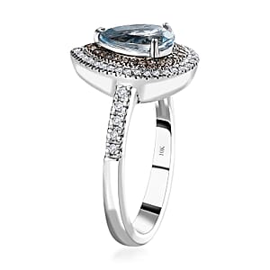 Luxoro 10K White Gold Premium Santa Maria Aquamarine, Natural Champagne and White Diamond I2-I3 Double Halo Ring (Size 7.0) 1.40 ctw