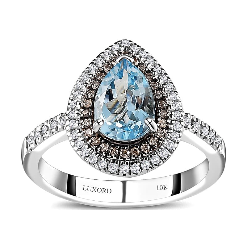 Luxoro 10K White Gold Premium Santa Maria Aquamarine, Natural Champagne and White Diamond I2-I3 Double Halo Ring (Size 6.0) 1.40 ctw