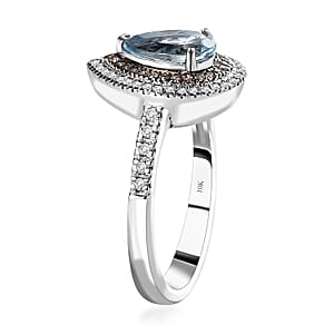 Luxoro 10K White Gold Premium Santa Maria Aquamarine, Natural Champagne and White Diamond I2-I3 Double Halo Ring (Size 6.0) 1.40 ctw