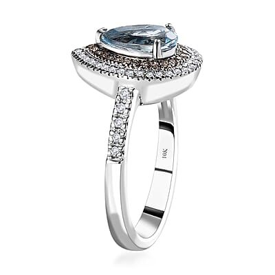 Luxoro 10K White Gold Premium Santa Maria Aquamarine, Natural Champagne and White Diamond I2-I3 Double Halo Ring (Size 6.0) 1.40 ctw