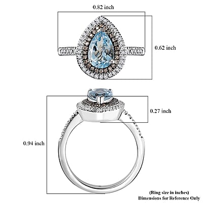 Luxoro 10K White Gold Premium Santa Maria Aquamarine, Natural Champagne and White Diamond I2-I3 Double Halo Ring (Size 6.0) 1.40 ctw