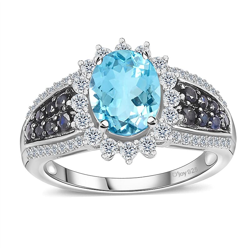 Premium Mangoro Aquamarine and Multi Gemstone Sunburst Ring in Platinum Over Sterling Silver (Size 9.0) 2.90 ctw