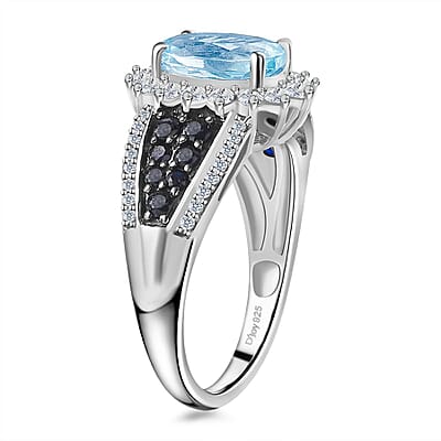 Premium Mangoro Aquamarine and Multi Gemstone Sunburst Ring in Platinum Over Sterling Silver (Size 9.0) 2.90 ctw