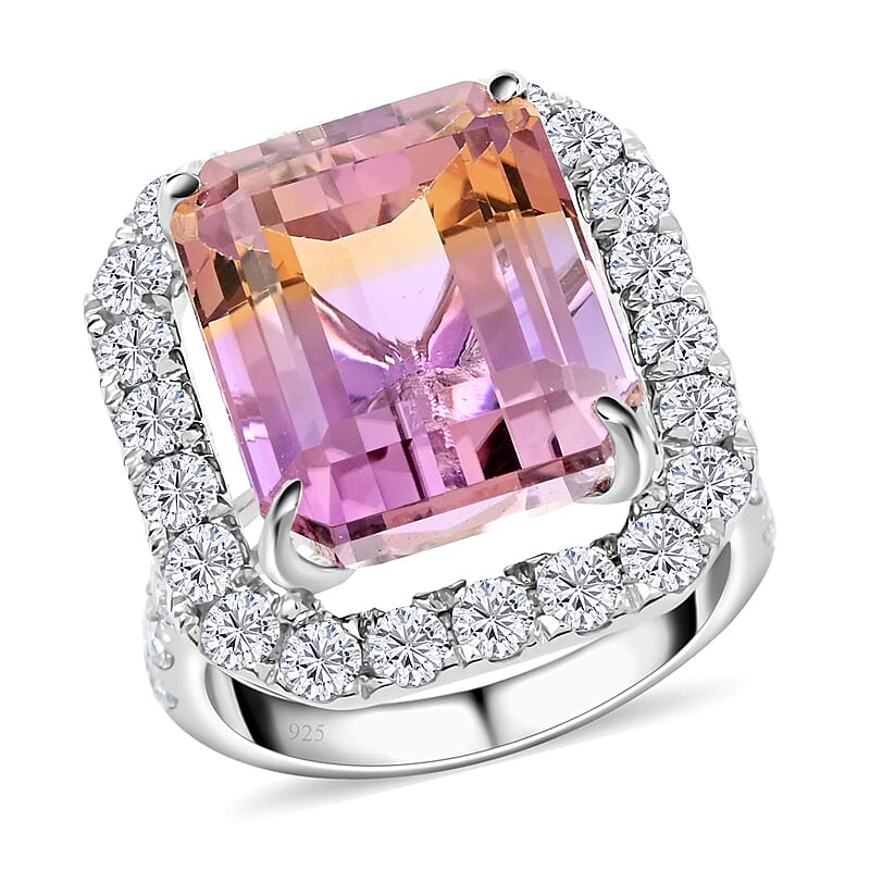 Bi Color Ametrine and Moissanite 12.35 ctw Halo Ring in Sterling Silver (Size 10.0)