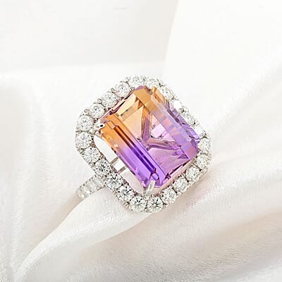 Bi Color Ametrine and Moissanite 12.35 ctw Halo Ring in Sterling Silver (Size 10.0)