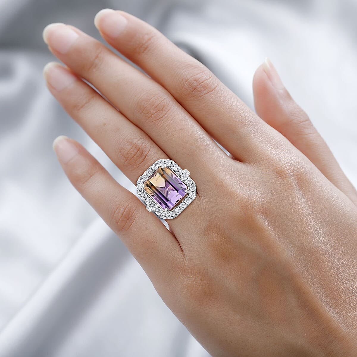 Bi Color Ametrine and Moissanite Halo Ring in Sterling Silver (Size 10.0) 12.35 ctw image number 2