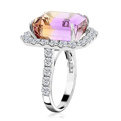 Bi Color Ametrine and Moissanite 12.35 ctw Halo Ring in Sterling Silver (Size 10.0)