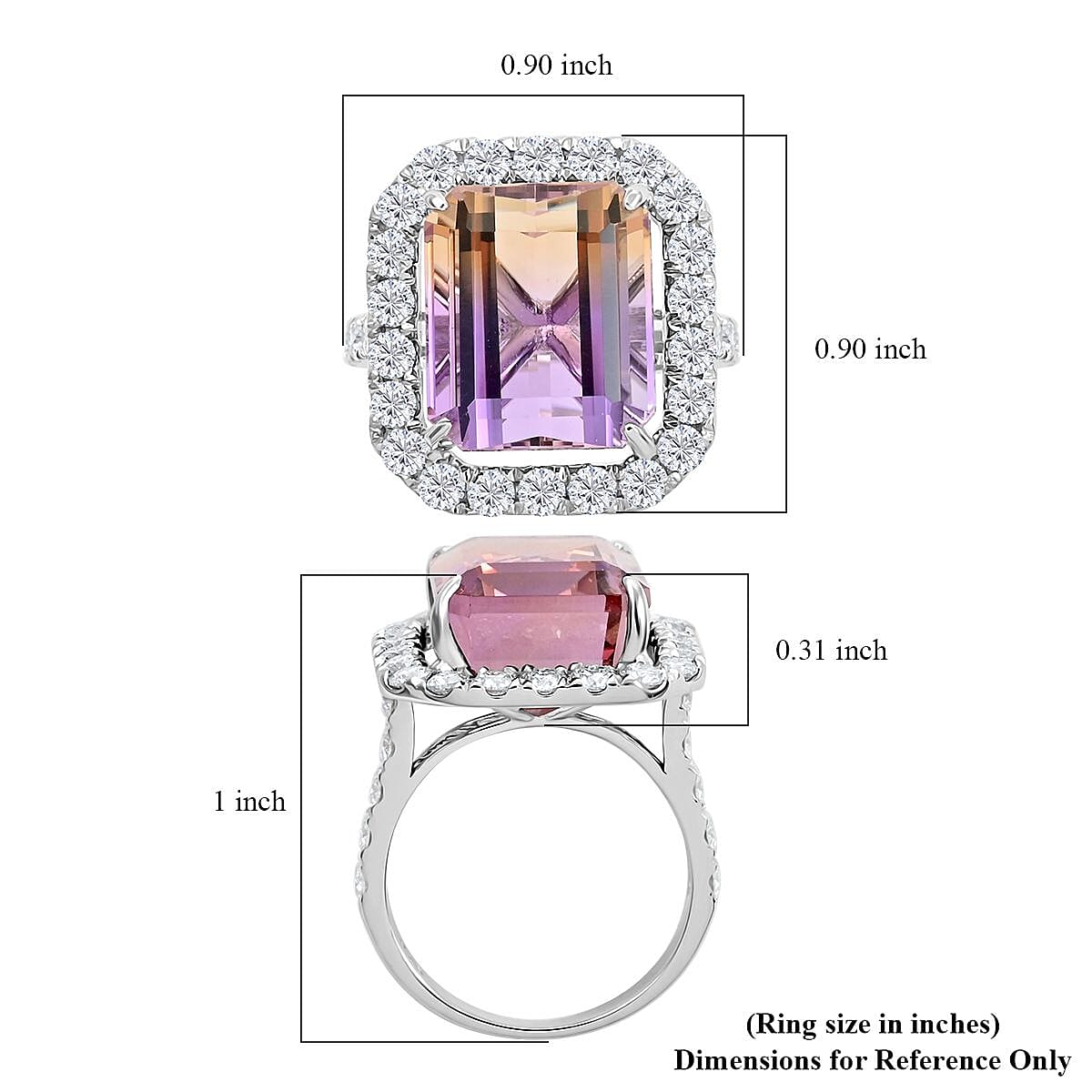 Bi Color Ametrine and Moissanite 12.35 ctw Halo Ring in Sterling Silver (Size 10.0)