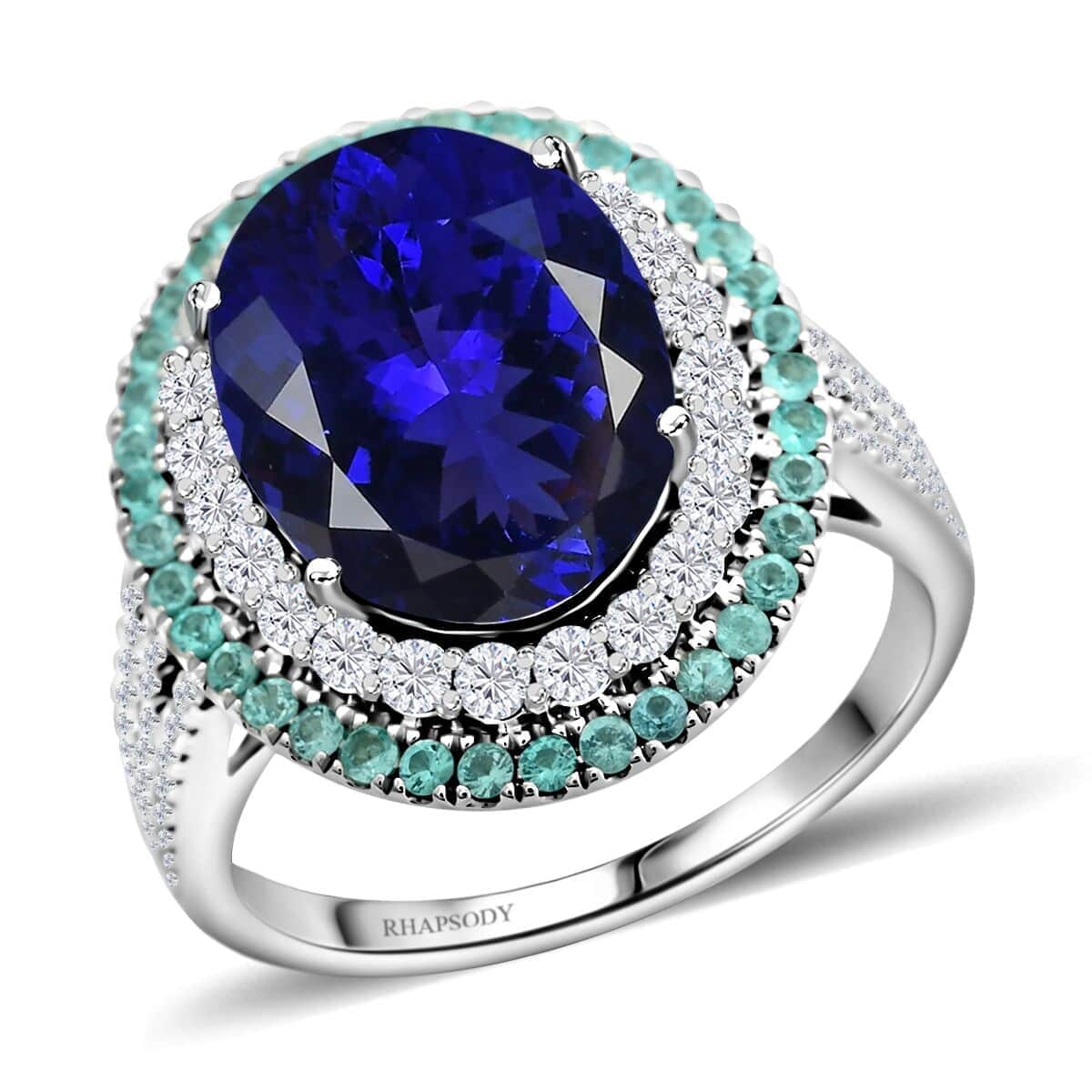 Certified & Appraised Rhapsody 950 Platinum AAAA Tanzanite, Brazilian Paraiba Tourmaline and E-F VS Diamond Ring 11.50 Grams 9.85 ctw image number 0