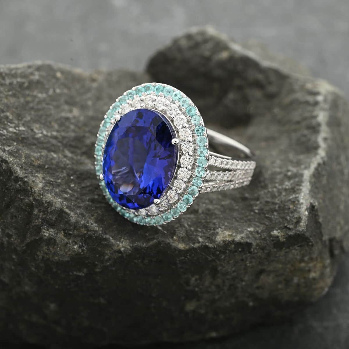 Certified & Appraised Rhapsody 950 Platinum AAAA Tanzanite, Brazilian Paraiba Tourmaline and E-F VS Diamond Ring 11.50 Grams 9.85 ctw image number 1