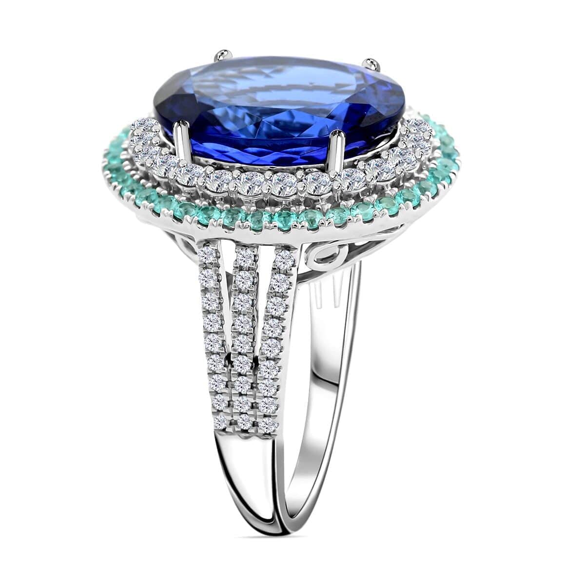 Certified & Appraised Rhapsody 950 Platinum AAAA Tanzanite, Brazilian Paraiba Tourmaline and E-F VS Diamond Ring 11.50 Grams 9.85 ctw image number 3