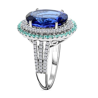 Certified & Appraised Rhapsody 950 Platinum AAAA Tanzanite, Brazilian Paraiba Tourmaline and E-F VS Diamond Ring (Size 10.0) 11.50 Grams 9.85 ctw