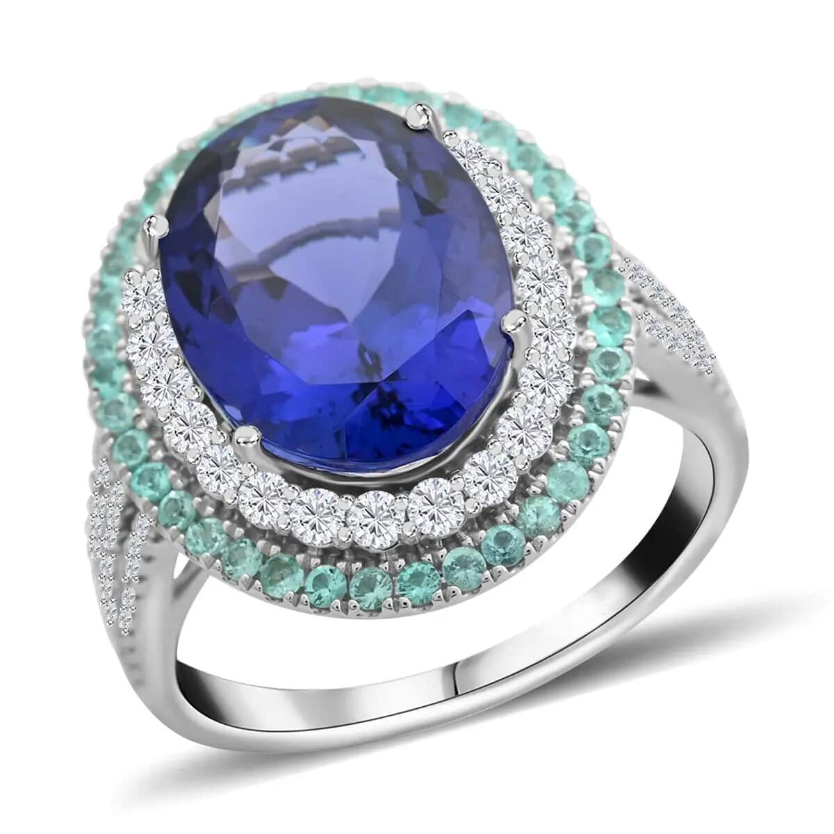 Certified & Appraised Rhapsody AAAA Tanzanite, Brazilian Paraiba Tourmaline and E-F VS Diamond 9.85 ctw Ring in 950 Platinum (Size 5.5) 11.50 Grams image number 0