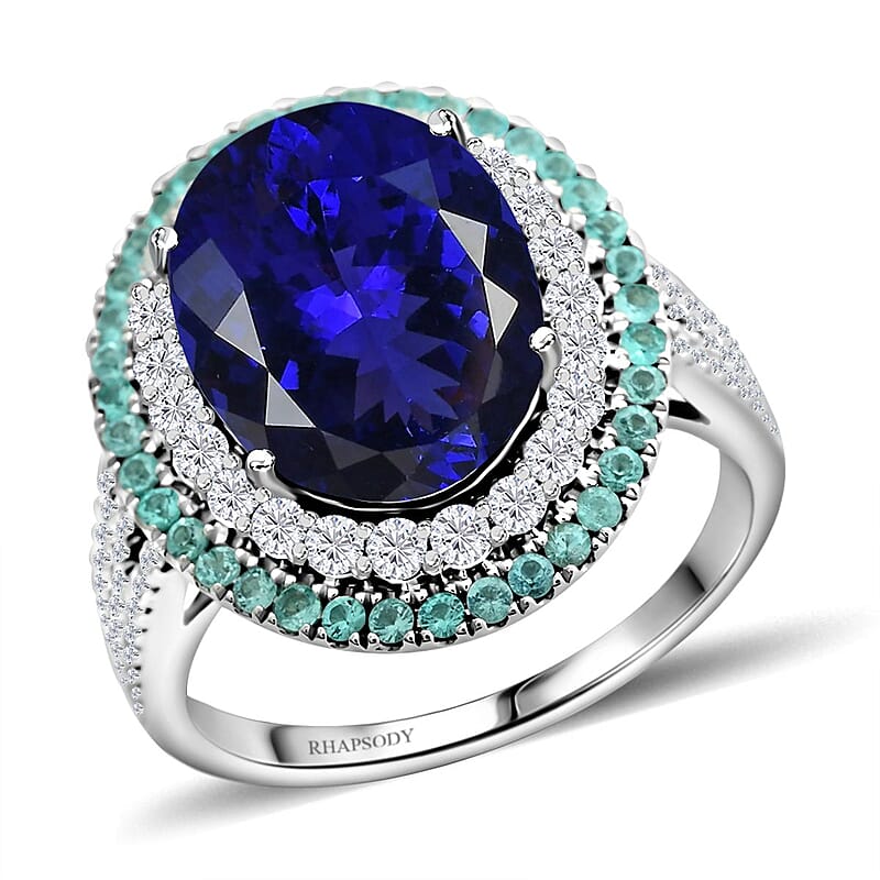 Certified & Appraised Rhapsody AAAA Tanzanite, Brazilian Paraiba Tourmaline and E-F VS Diamond 9.85 ctw Ring in 950 Platinum (Size 5.5) 11.50 Grams