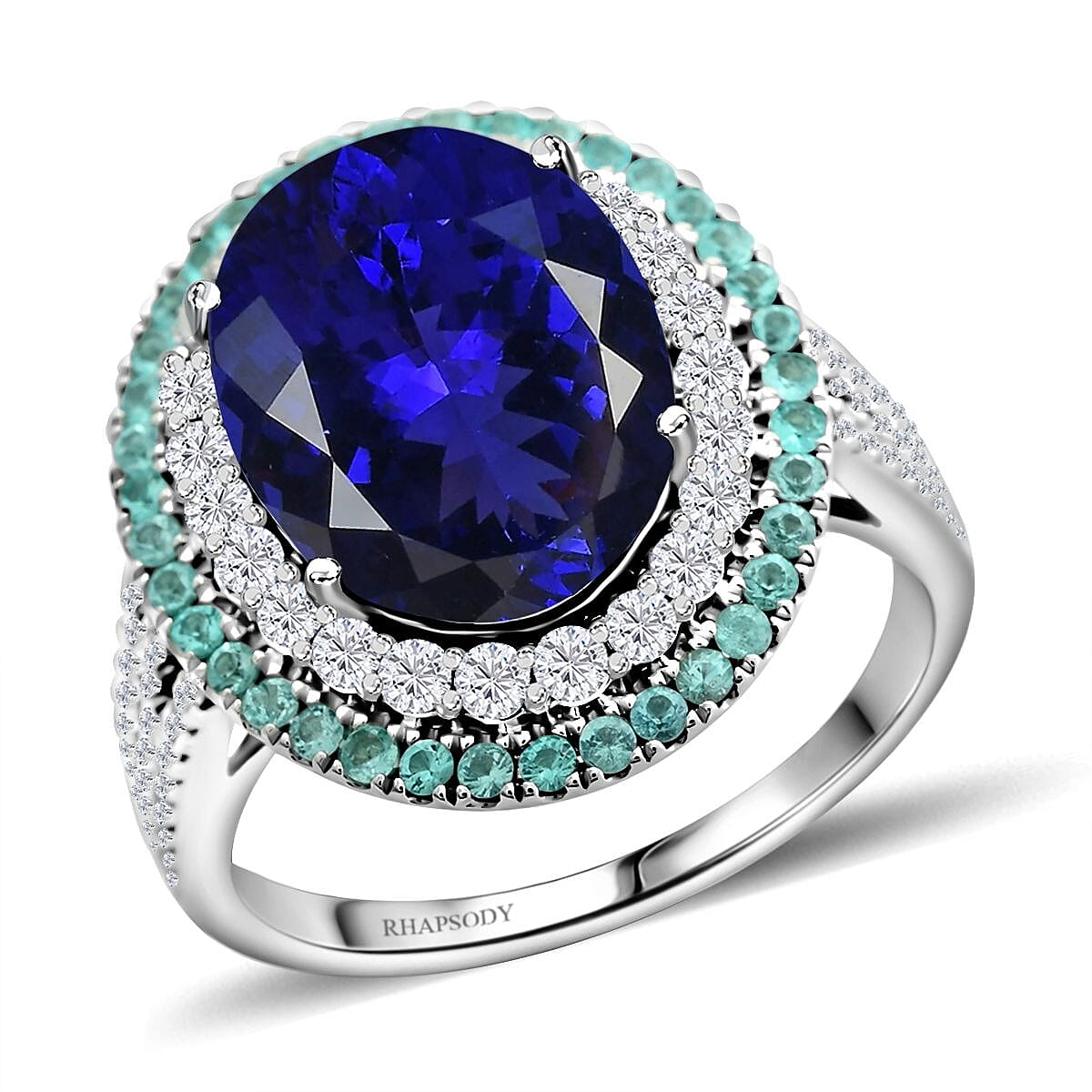 Certified & Appraised Rhapsody 950 Platinum AAAA Tanzanite, Brazilian Paraiba Tourmaline and E-F VS Diamond Ring (Size 6.0) 11.50 Grams 9.85 ctw image number 0