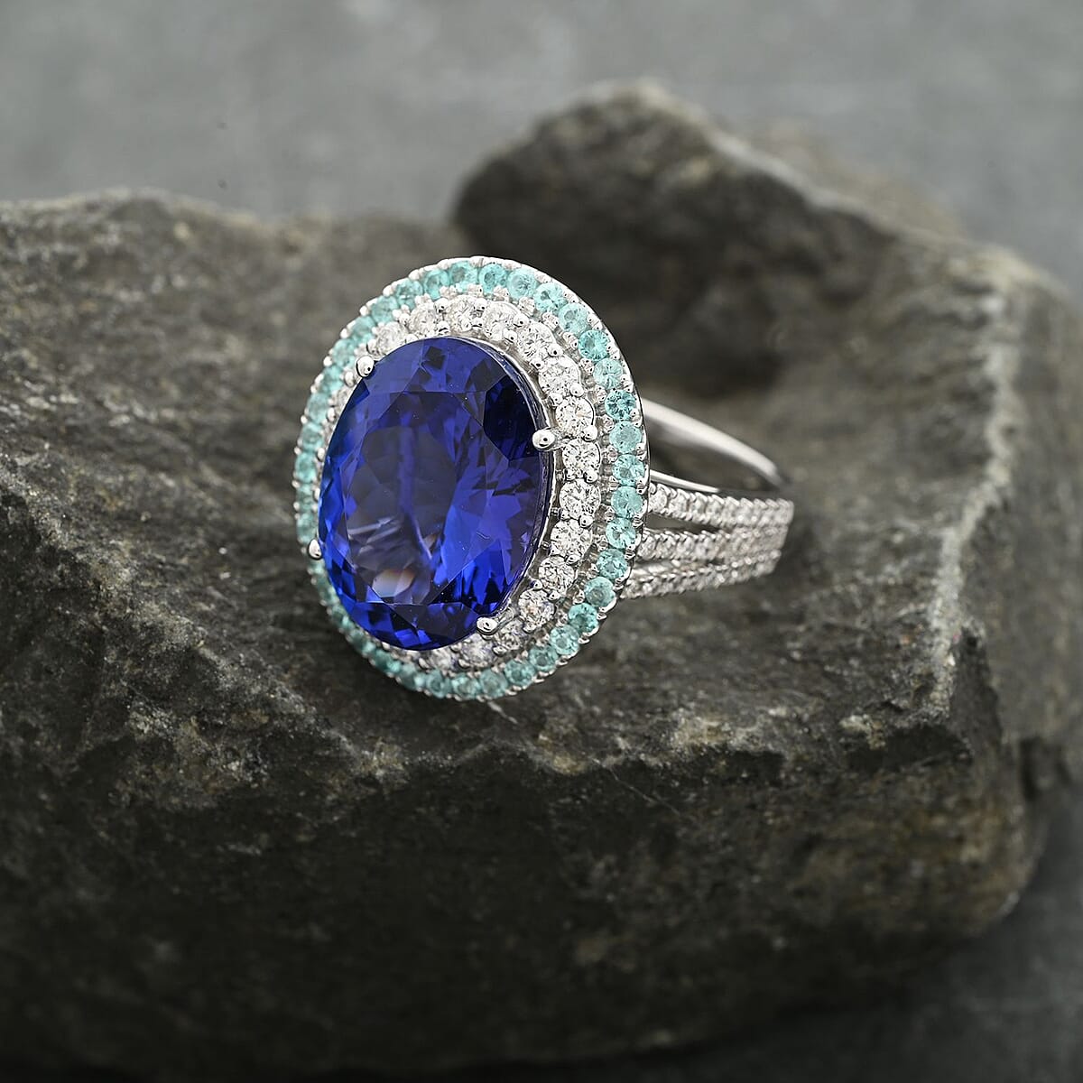 Certified & Appraised Rhapsody AAAA Tanzanite, Brazilian Paraiba Tourmaline and E-F VS Diamond 9.85 ctw Ring in 950 Platinum (Size 7.0) 11.50 Grams image number 1