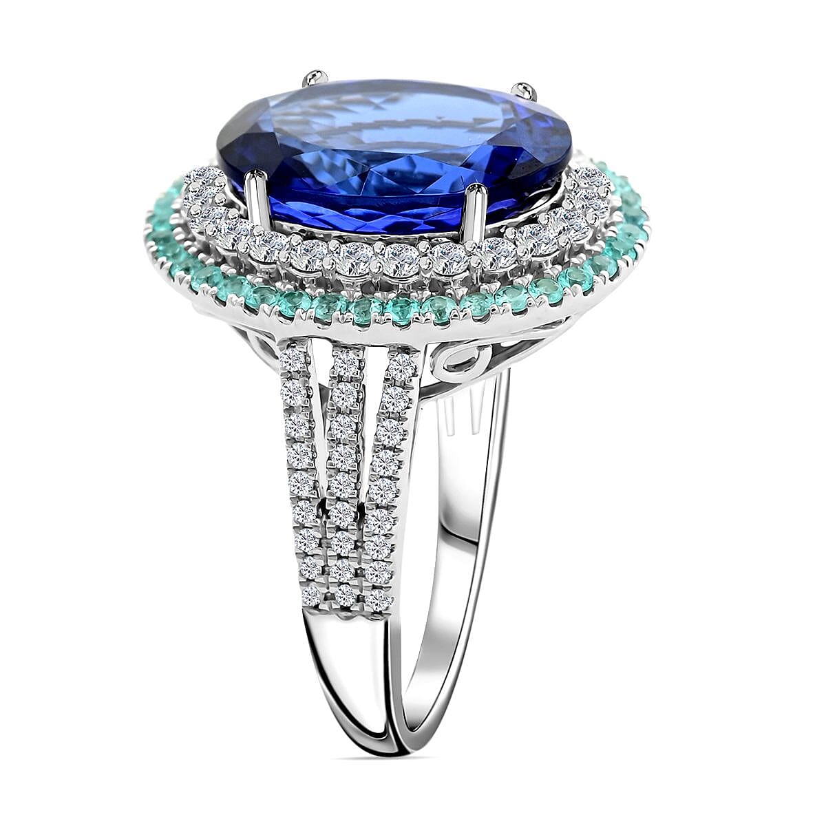 Certified & Appraised Rhapsody AAAA Tanzanite, Brazilian Paraiba Tourmaline and E-F VS Diamond 9.85 ctw Ring in 950 Platinum (Size 7.0) 11.50 Grams image number 3