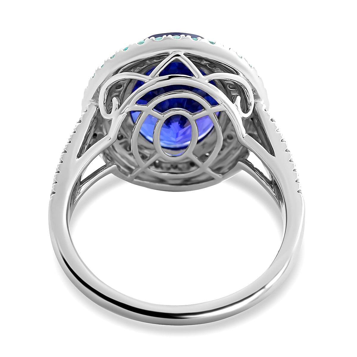 Certified & Appraised Rhapsody AAAA Tanzanite, Brazilian Paraiba Tourmaline and E-F VS Diamond 9.85 ctw Ring in 950 Platinum (Size 7.0) 11.50 Grams image number 4