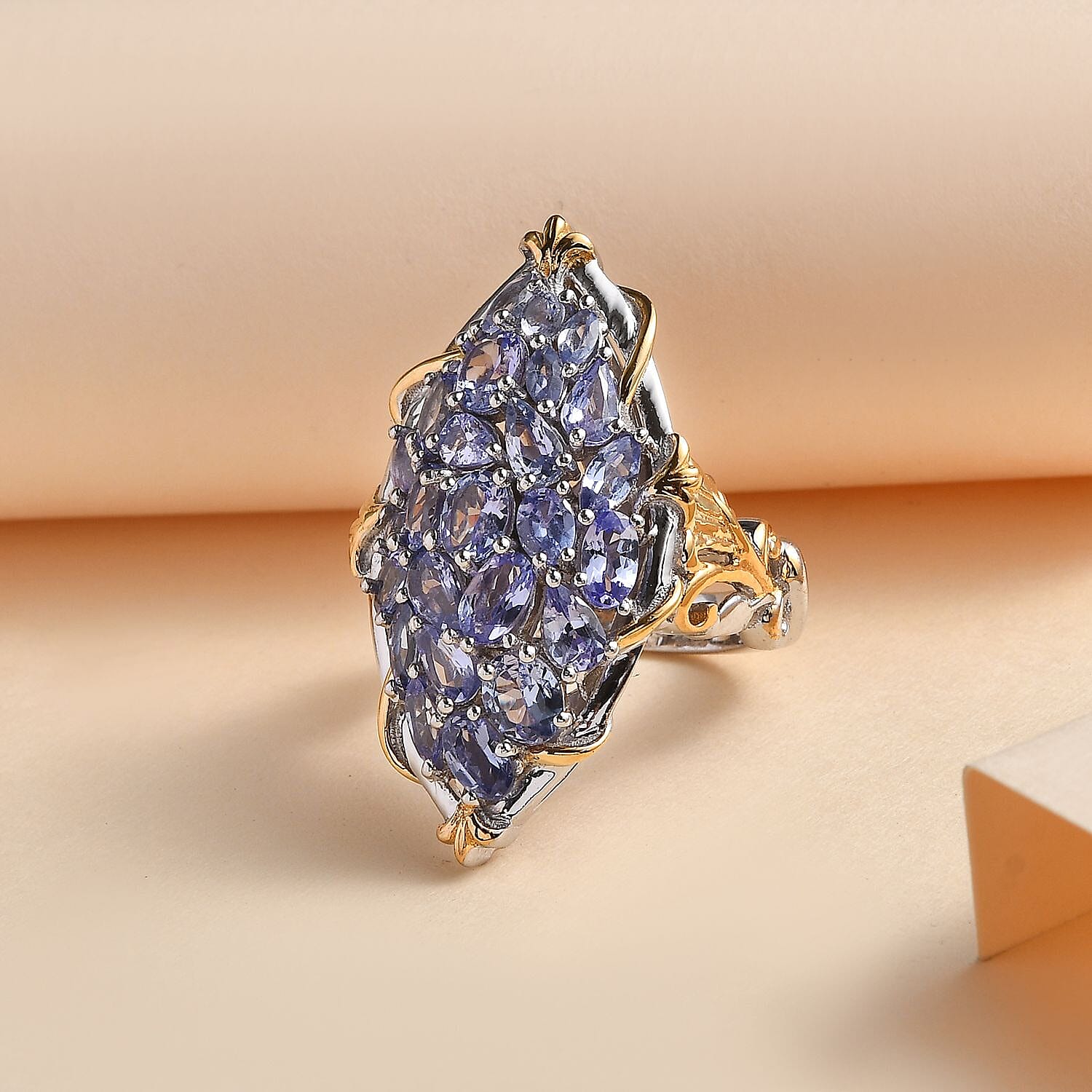 Tanzanite Elongated Ring in 14K YG and Platinum Over Sterling Silver (Size 10.0) 4.40 ctw