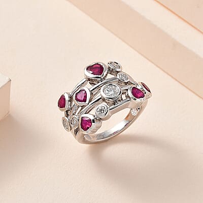Niassa Ruby (FF) and Moissanite Ring in Platinum Over Sterling Silver (Size 10.0) 3.15 ctw