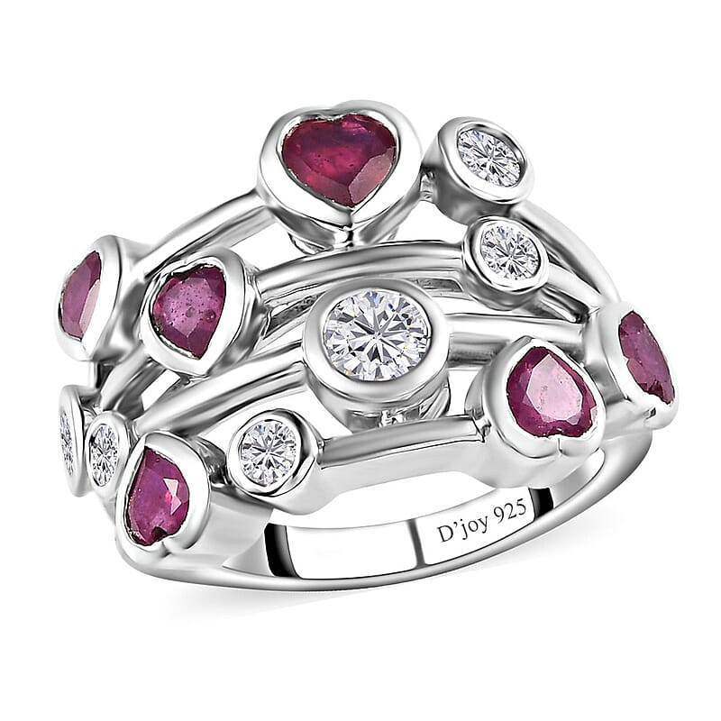 Niassa Ruby (FF) and Moissanite Ring in Platinum Over Sterling Silver (Size 5.0) 3.15 ctw