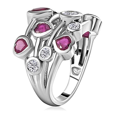 Niassa Ruby (FF) and Moissanite Ring in Platinum Over Sterling Silver (Size 5.0) 3.15 ctw