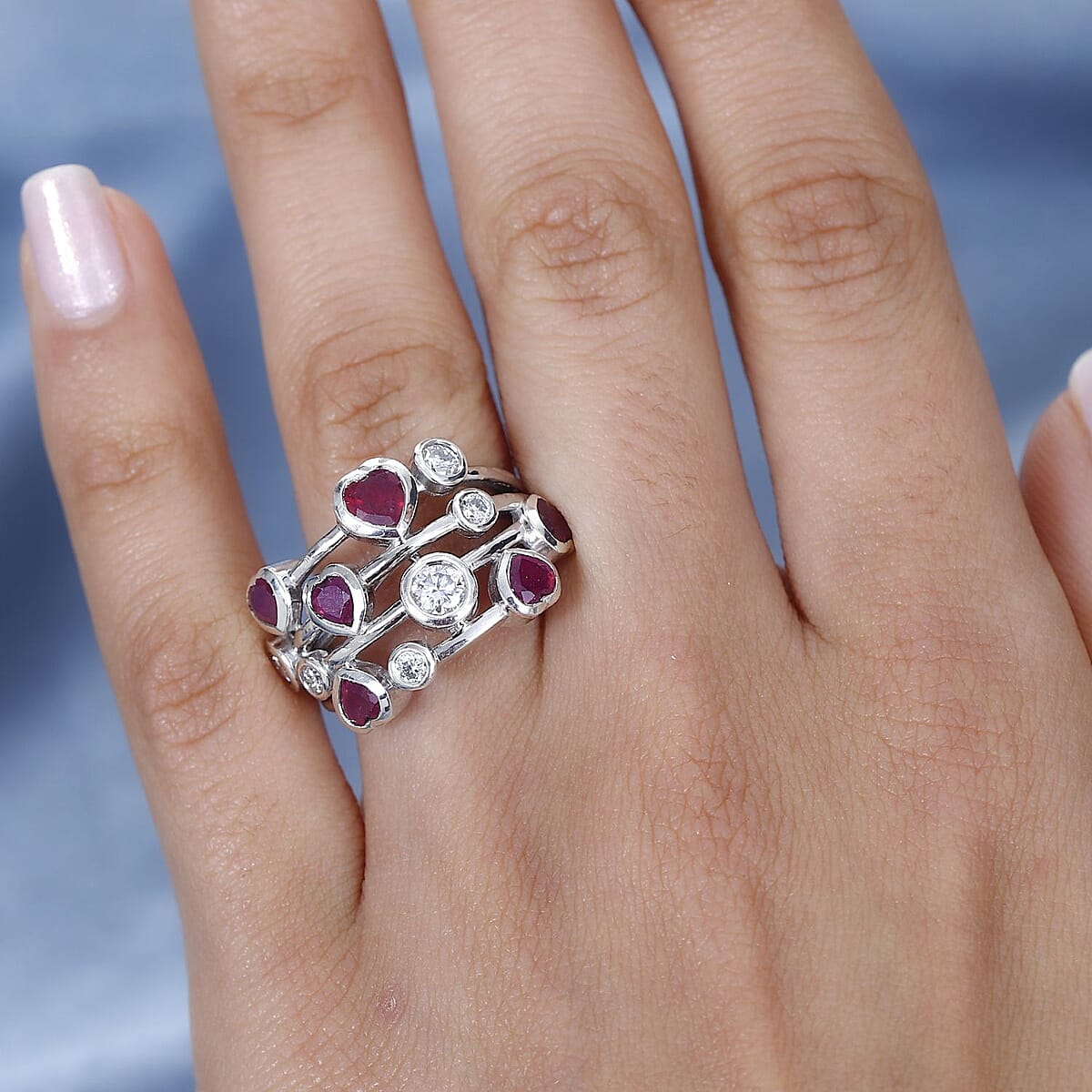 Niassa Ruby (FF) and Moissanite Ring in Platinum Over Sterling Silver (Size 7.0) 3.15 ctw image number 2