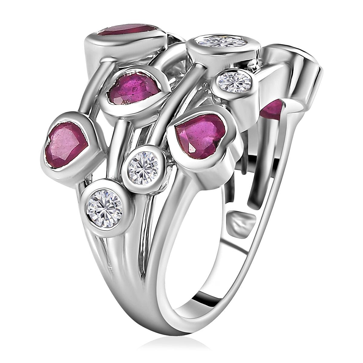 Niassa Ruby (FF) and Moissanite Ring in Platinum Over Sterling Silver (Size 7.0) 3.15 ctw image number 3