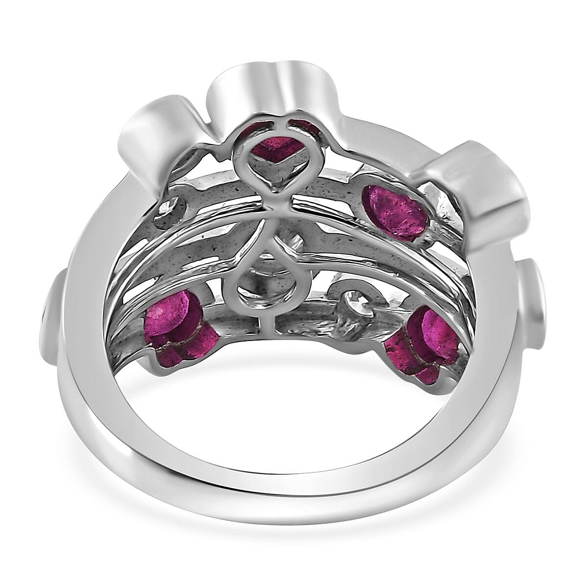 Niassa Ruby (FF) and Moissanite Ring in Platinum Over Sterling Silver (Size 7.0) 3.15 ctw image number 4