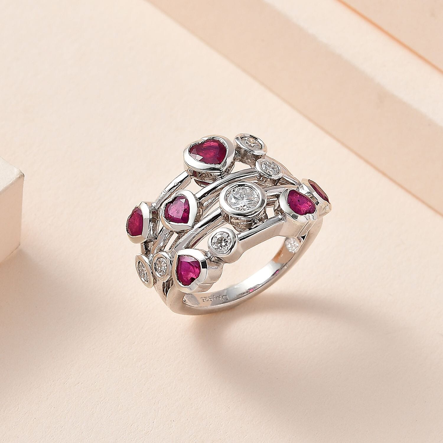 Niassa Ruby (FF) and Moissanite Ring in Platinum Over Sterling Silver (Size 9.0) 3.15 ctw