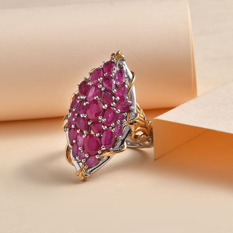 Niassa Ruby (FF) 4.50 ctw Elongated Ring in 14K YG and Platinum Over Sterling Silver (Size 5.0)