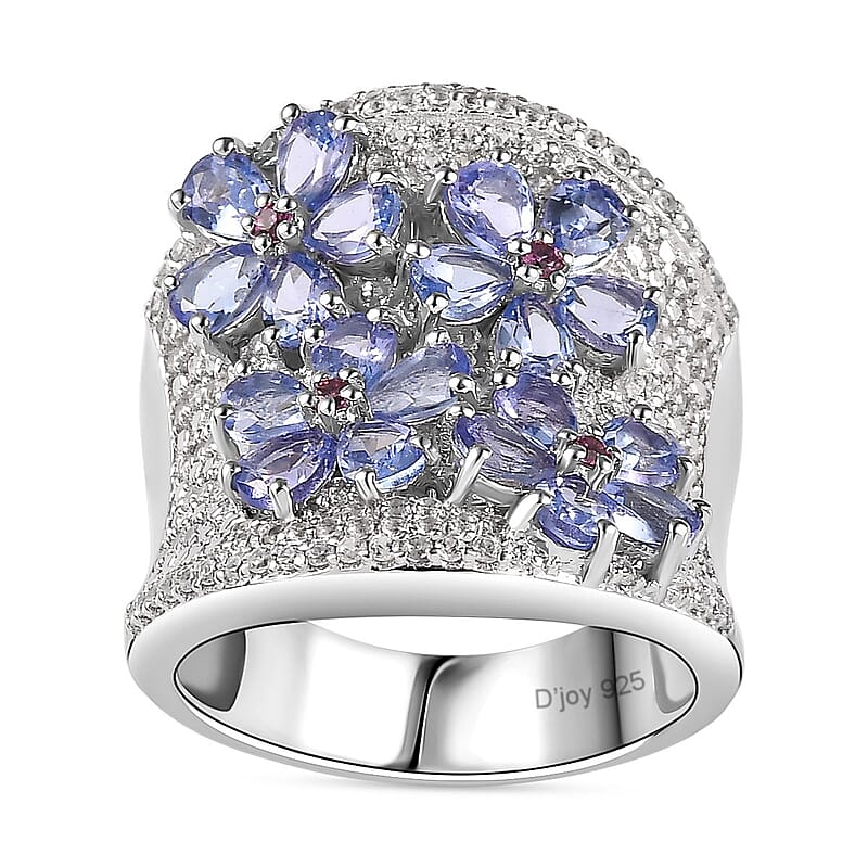 Tanzanite and Multi Gemstone Ring in Platinum Over Sterling Silver (Size 10.0) 3.90 ctw