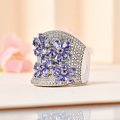 Tanzanite and Multi Gemstone Ring in Platinum Over Sterling Silver (Size 10.0) 3.90 ctw