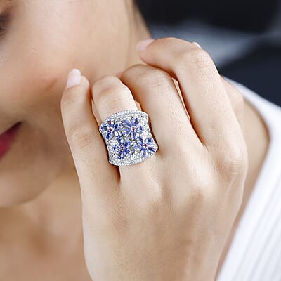 Tanzanite and Multi Gemstone Ring in Platinum Over Sterling Silver (Size 10.0) 3.90 ctw