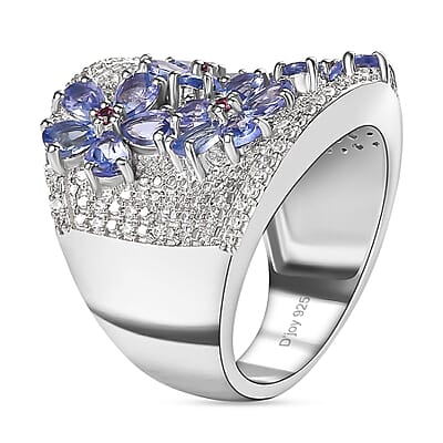 Tanzanite and Multi Gemstone Ring in Platinum Over Sterling Silver (Size 10.0) 3.90 ctw