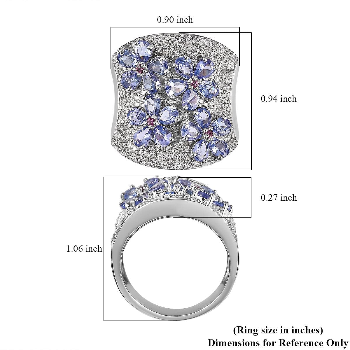 Tanzanite and Multi Gemstone Ring in Platinum Over Sterling Silver (Size 10.0) 3.90 ctw