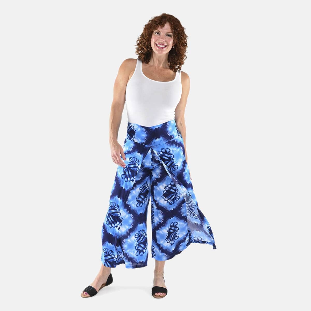 Tamsy Blue Tie Dye High Waist Palazzo Split Pant - One Size Fits Most image number 0