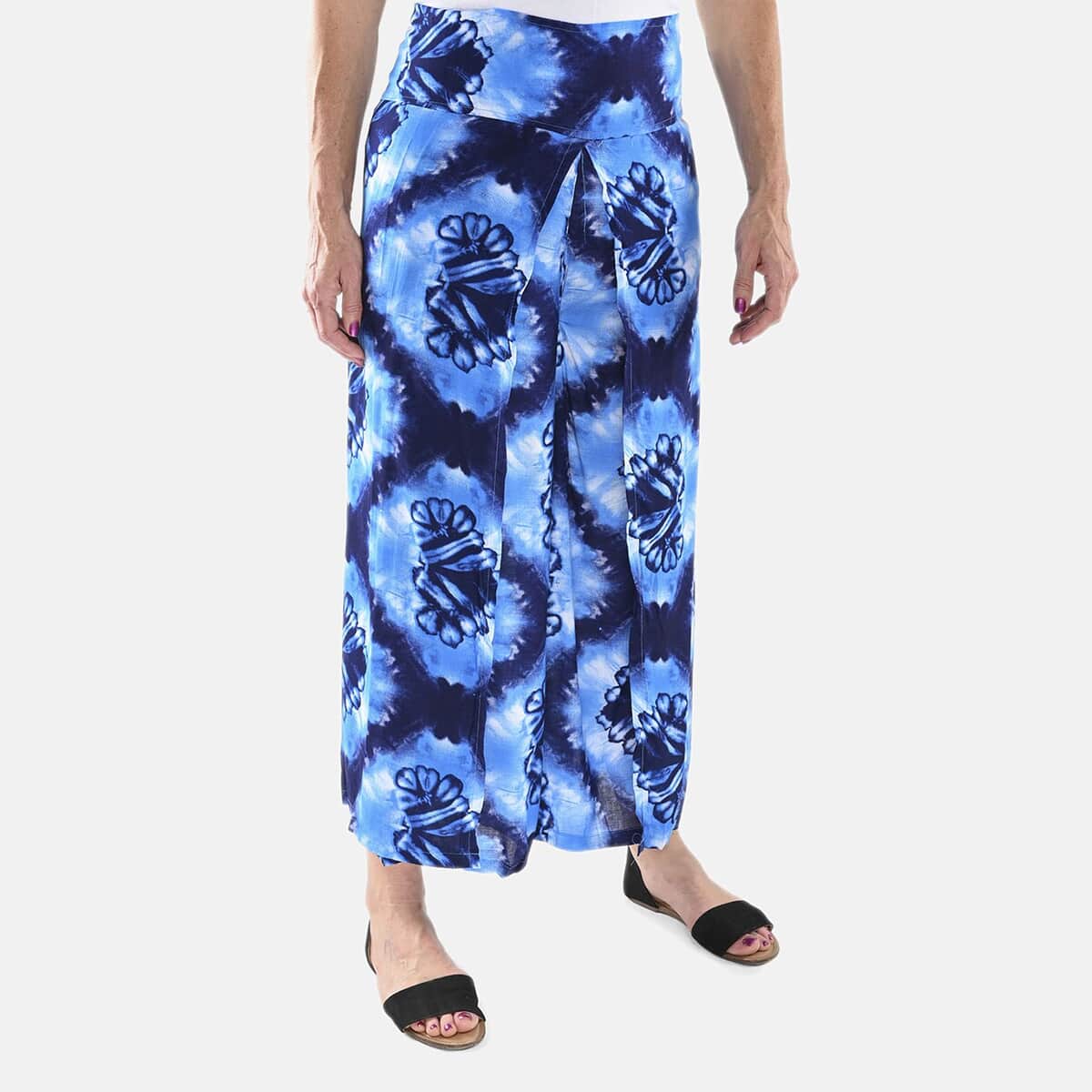 Tamsy Blue Tie Dye High Waist Palazzo Split Pant - One Size Fits Most image number 3