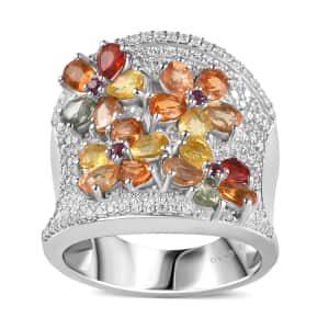 Multi Sapphire and Multi Gemstone Floral Ring in Platinum Over Sterling Silver (Size 6.0) 3.20 ctw